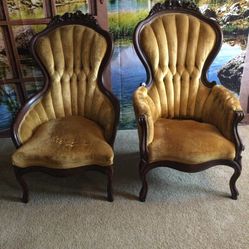 Two Victorian Kimball Reproduction Gold Velvet Chairs Lady/Gent 