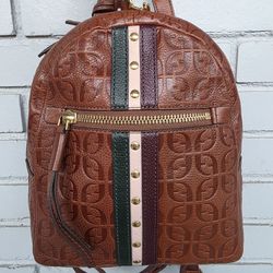 Fossil Brown Leather Backpack – Logo Embossed – Multicolor Stripe Studded Design – Key Charm – Like New
