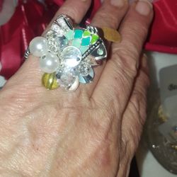Stretch Jelly Belly fish Crystal cluster beaded classy fashio ring SZ 7 & Up NEW