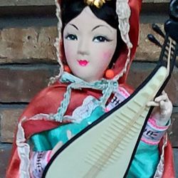 Vintage Asian Japanese Geisha Doll With Shamisen Cloth Face Silk Costume 14 Inch
