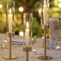 Set of 6 gold metal and glass candle holders 