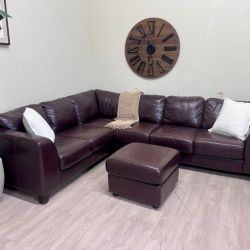 Fast Delivery Available — Jordan’s Furniture Real Genuine Leather Brown Modern 2pc L Sectional Couch w/ Ottoman Set