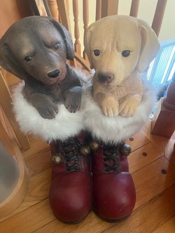 Whimsical Life Sized Christmas Day Puppies in Santa's Boots