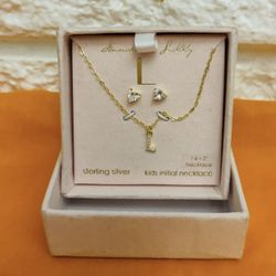 sterling silver 14 + 2" Necklace kids initial necklace and earrings