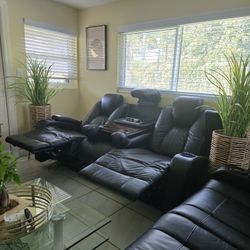 Reclining  Leather Couch & Love Seat with Matching Carpet, Glass Multi Level Coffee Table and Computer Desk