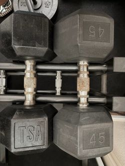 Pair of 45 lb fixed hex urethane dumbbells