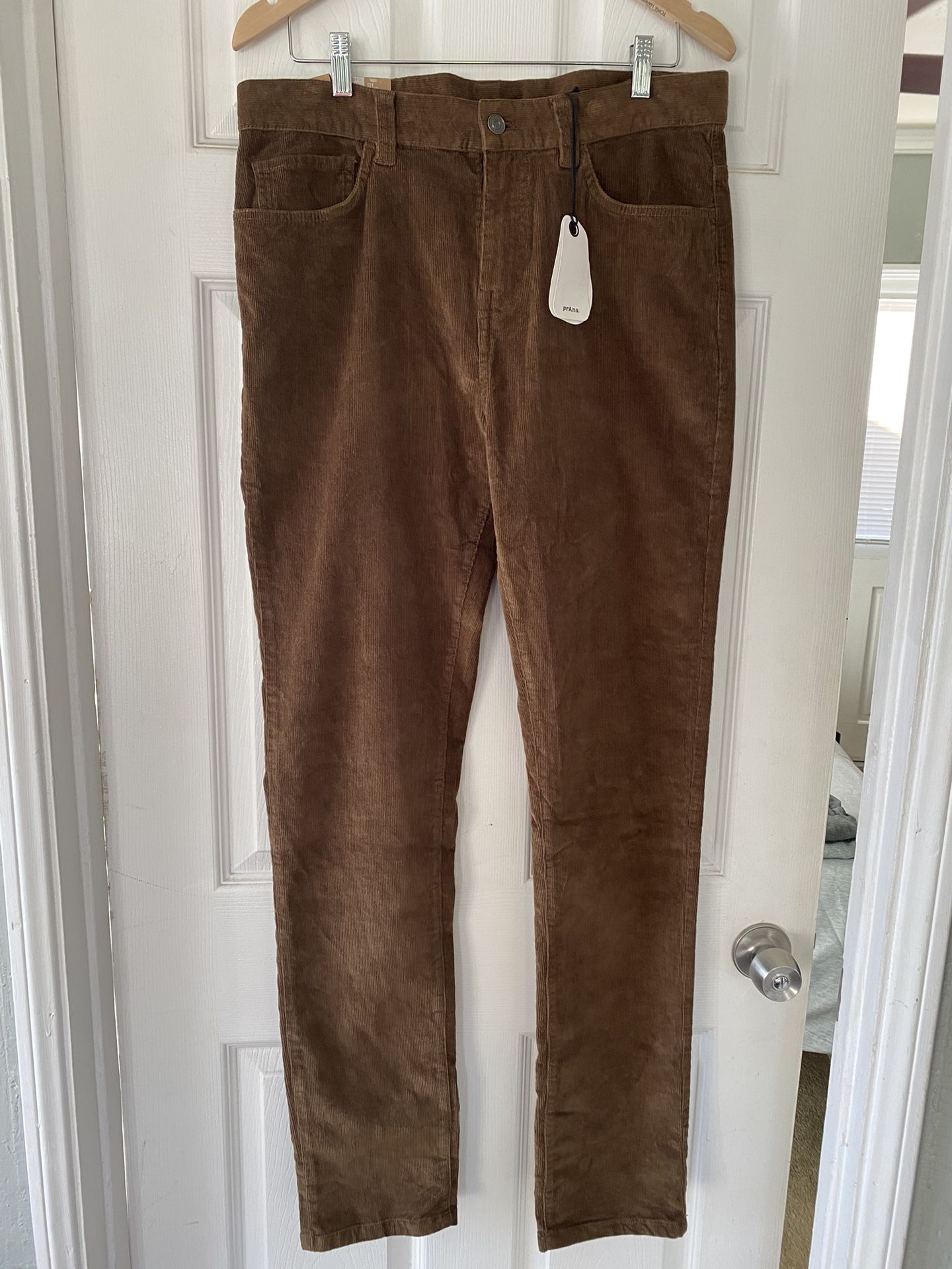 New PrAna Men’s Corduroy Slim Fit Pants Size 32 X 34 Color Dark Roast