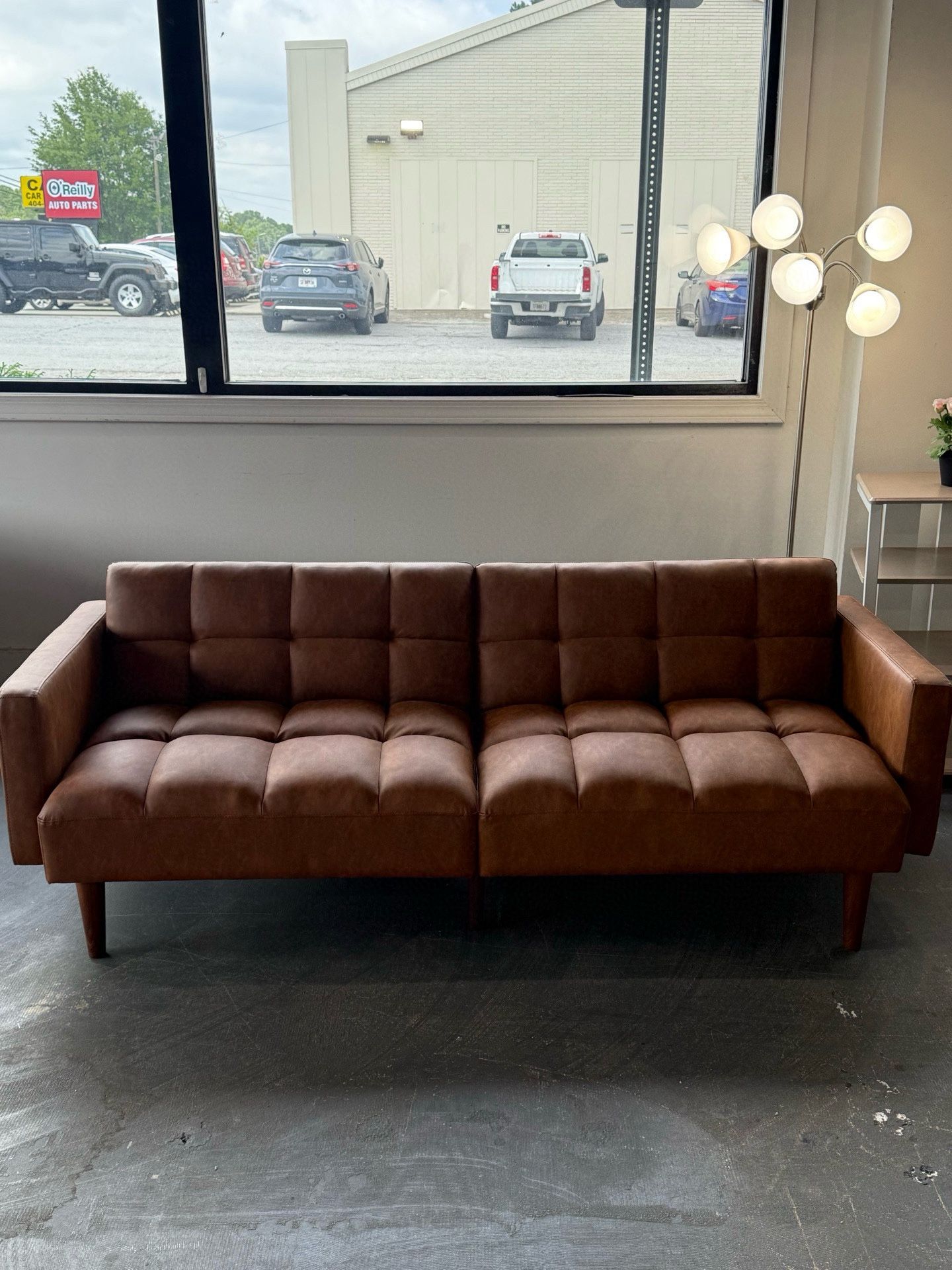 Mid-Century Modern 76.8 Inch Faux Leather Futon Sofa, Small Futon Sofa Bed, Sleeper, Love Seater Sofa for Living Room, Bedroom (Brown)  💰280$ 