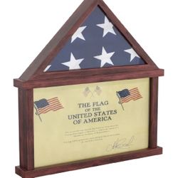 NEW Flag Display Case with Certificate Holder, Solid Wood with Glass Front with Wall Mount or Standing Display, Cherry Finish New, Open Box 26.5" x 4.