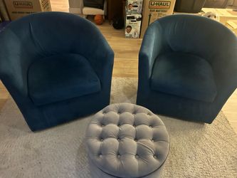 Teal Velvet Barrel Accent Chairs Set of 2 and velvet gray ottoman