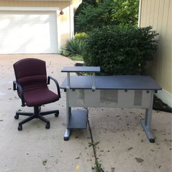 Gray Formica Top With Gray Metal Frame & Burgundy Adjustable Swivel Chair