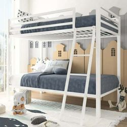 Twin-Over-Twin Bunk Beds with Heavy Duty Metal Frame and Ladder, Pure White