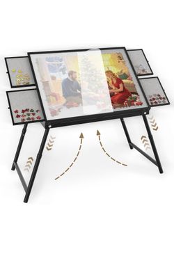 Puzzle Table 1500 Pieces, 3-in-1 Foldable Jigsaw Puzzle Table with Cover – 18” & 28” Height, 5 Angle Tilt, Metal Frame, Portable Puzzle Tables Drawers