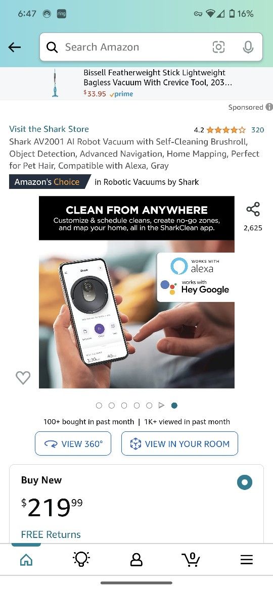 Shark AV2001 AI Robot Vacuum with Self-Cleaning Brushroll, Object Detection, Advanced Navigation, Home Mapping, Perfect for Pet Hair, Compatible Alexa