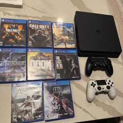 PS4 Slim PlayStation With 2 Controllers And 8 Games