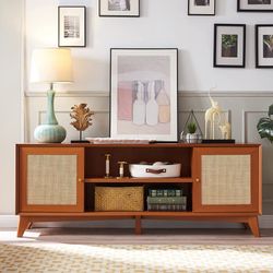 TV Stand for 75+ Inch TV, Mid Century Modern Entertainment Center with Natural Rattan Door, Storage Shelves, Large Boho Media TV Console, Lo