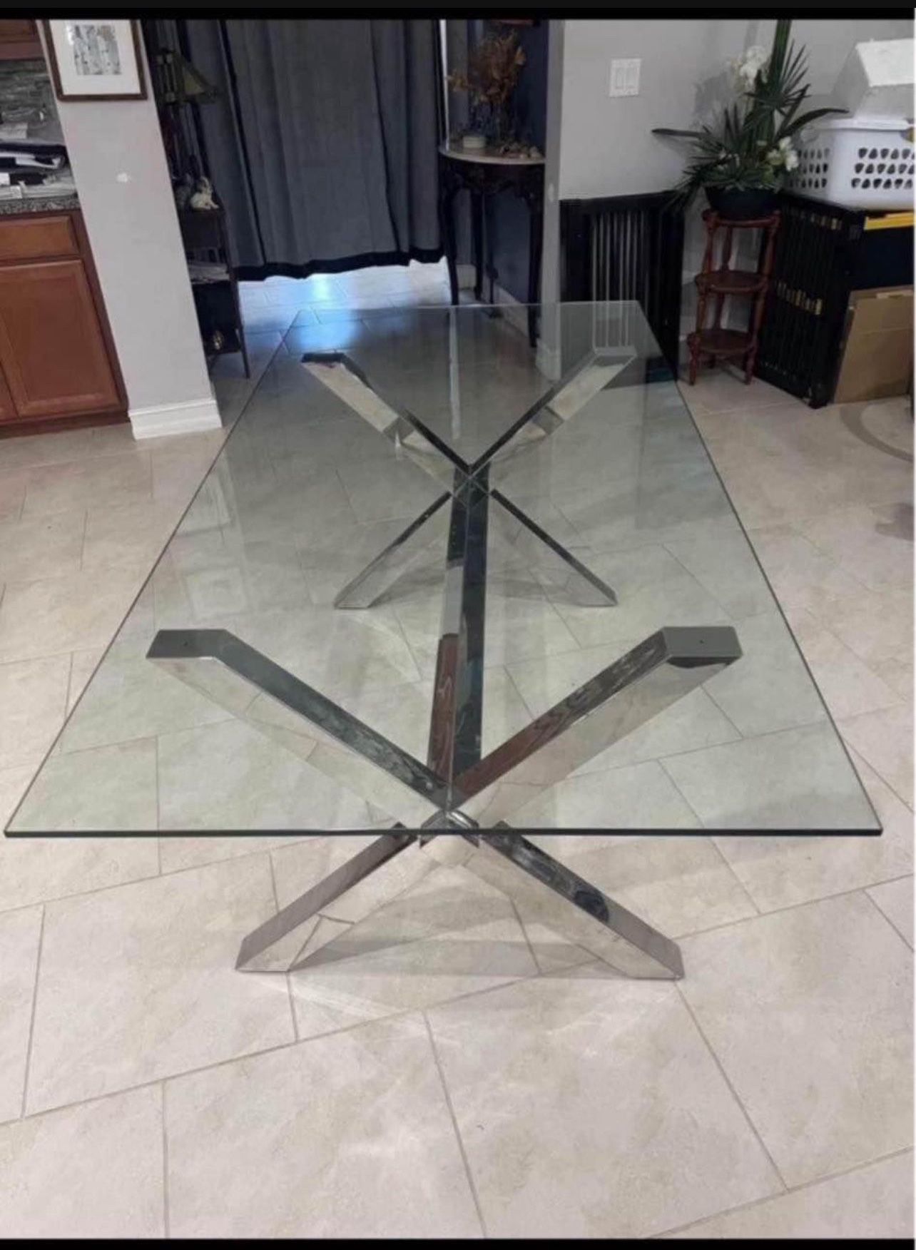 Modernists Contemporary Chrome X-Base Dining Table / Desk With Glass Top