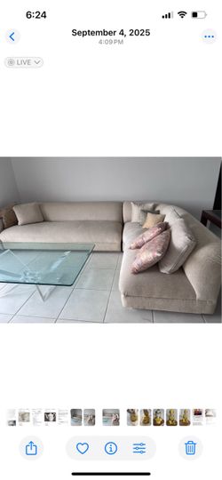 Designer 2 piece sectional sofa in light cream chenille