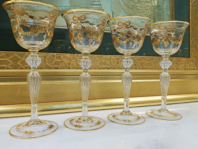 Lot Of 4 Josephinenhutte Raised Gold Floral Swags Bows Hock Wine Glass Glasses 