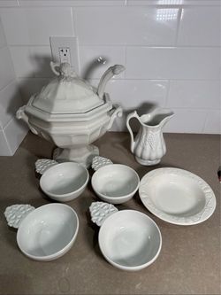 White Ceramic Soup Tureen Set with Bowls and Pitcher