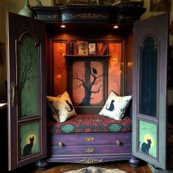 Custom Order Option: Antique Upcycled Armoire Reading Nook Adults & Kids Book Storage Study Area Witchy Cat Moon Fairy Lights Cushion Bench