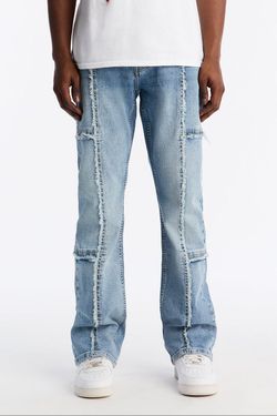 Sold out Nova Men's Stacked Skinny Flare Frayed Panel Jeans Medium Blue Wash 42