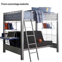 Bunk bed with futon & mattresses, desk attachment, basketball hoop, and storage
