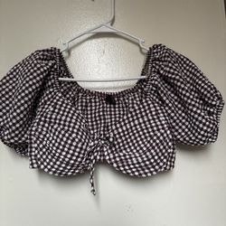 Two-Piece Coquette Set: Peasant Top and Flying Shorts - Gingham Coffee/White