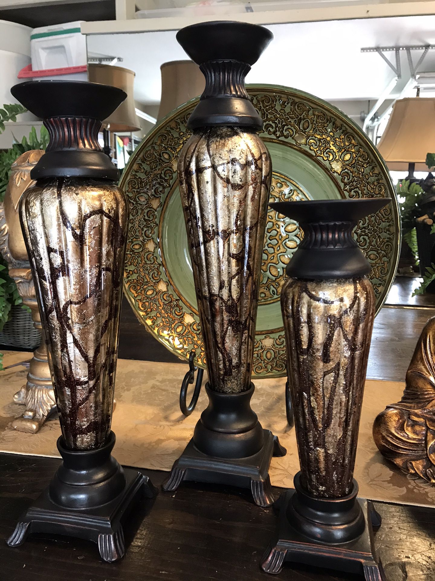 Gorgeous 3 piece gold / bronze marbleized glass candle holders 18, 15 1/2 & 12” in size like new