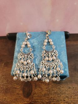 Silvertone Chandelier Faux Pearl Earrings 2.5" Marilou