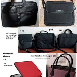 laptop bag briefcase bookbag ($8 to $30 each) leather, messenger, lightweight, child/kid