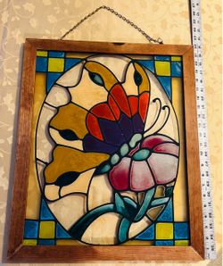 Stained Glass Cat and Butterfly Wall Panel