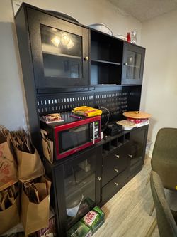 Black Kitchen Hutch Cabinet with Glass Doors