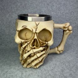 Skeleton Skull Mug with Bones Handle Stainless Steel Lined Gothic Horror Cup