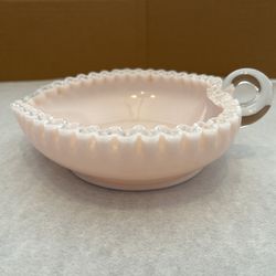 Fenton Pink Milk Glass Slag Hobnail Heart Shaped Candy Dish With Loop Handle 