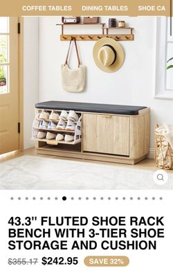 43.3'' FLUTED SHOE RACK BENCH WITH 3-TIER SHOE STORAGE AND CUSHION