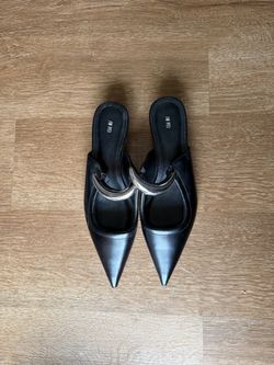 JWPEI Black leather pointed toe mules with silver