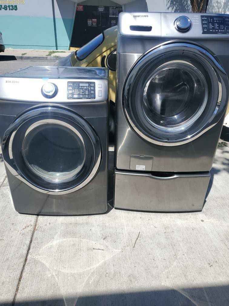 SAMSUNG Front Load Set Washer 4.5 Cubft And Gas Dryer Front Load With Pedestal Stainless Steel Energy 🌟 Both Come With Pedestal 