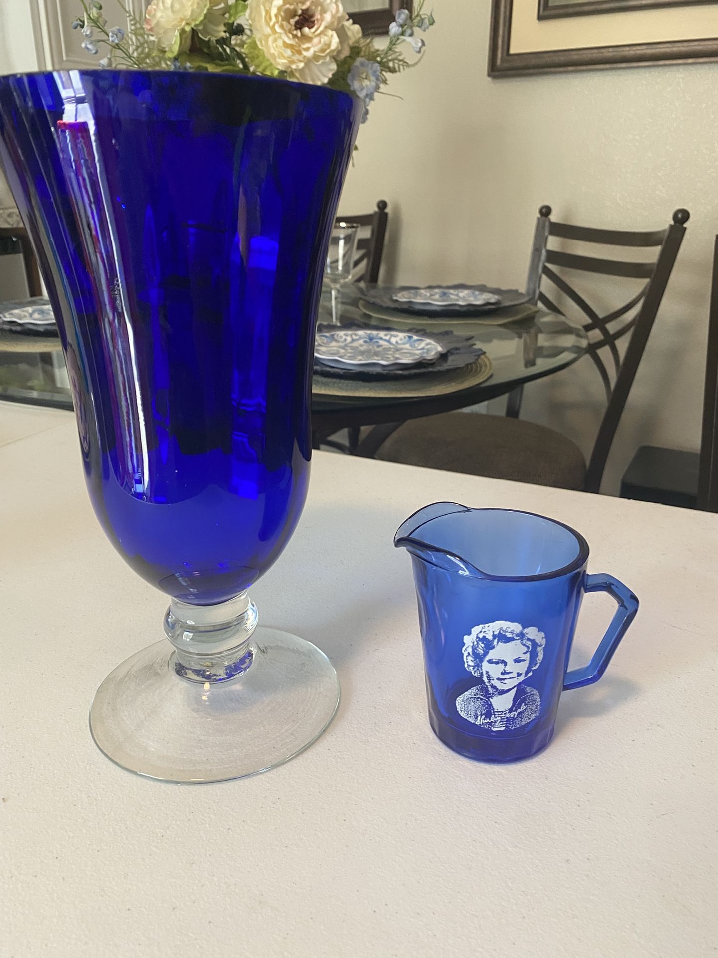 Cobalt Blue Vase and Shirley Temple Spouted Glass