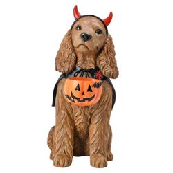 Halloween Devil Dog Figurine with Pumpkin Bucket