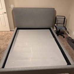 Living Spaces Queen-Sized Bed Frame With Upholstered Headboard, Heavy Duty Platform Bed Frame In Heather Grey