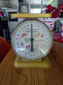 Vintage American family scale, rustic, farmhouse decor, weighs up to 25 lb yellow retro scale