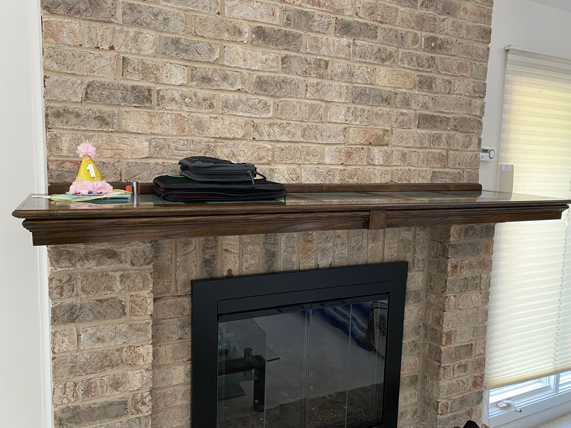 Fireplace Mantel/shelf (green tile inserts on top)
