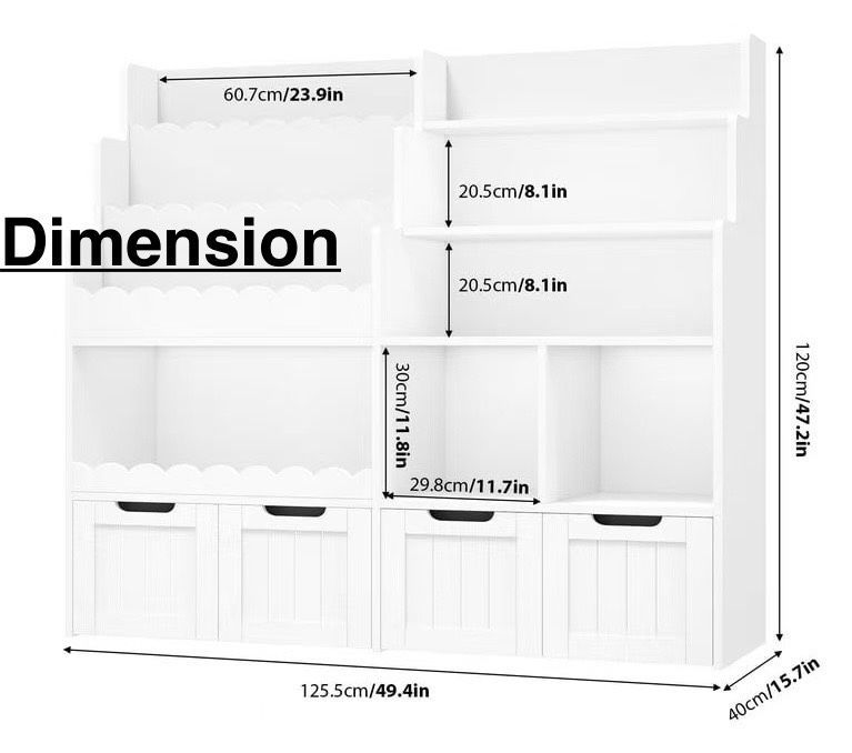 🥨Hiphuta 47"Wide Large Kids Bookcase, Wood Bookshelf Toy Storage Organizer with Book Rack & Movable Boxes, White Bookshelf for Kids Room