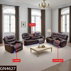 New Brown Leather Power Reclining Couch Set