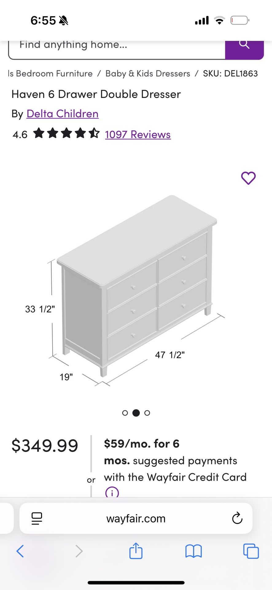 White 6 Drawer Double Dresser