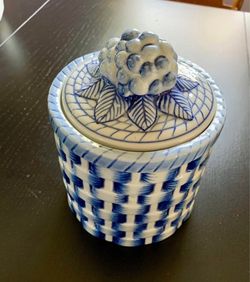 Vintage Blue & White Ceramic Cookie Jar w/ Berry Lid Mid-centuery