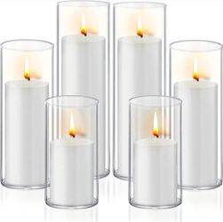 6 Candles+6 Candle Hoders  White Pillar Candles with Glass Candle Holders Clear Hurricane Vases for Centerpieces Wedding Party