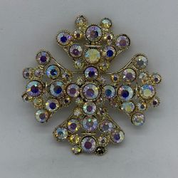 Vintage Signed BSK Rhinestones Large Maltese Cross Gold-Tone Brooch Pin