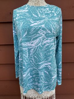 Reel Legends Long Sleeve Swim Shirt Blue Teal Leaf Pattern UPF Sun Shirt